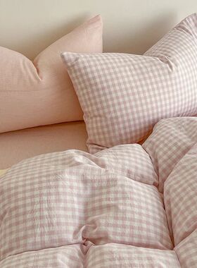 Simple Pink Stripe Bedding Set Washed Cotton Bed Flat Sheet