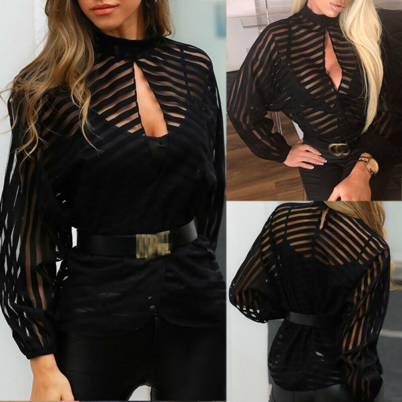 Women Mesh Net Blouse Sheer Long Sleeve Ladies Shirt Black F - 图0