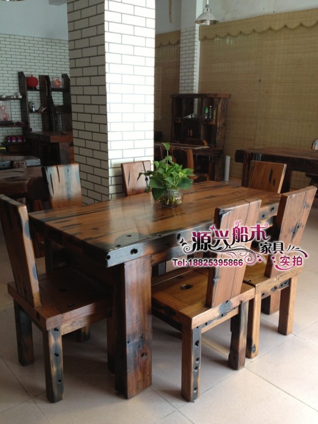 实木餐桌椅组合 长方形 一桌6椅 茶餐桌两用实木 老船木餐桌