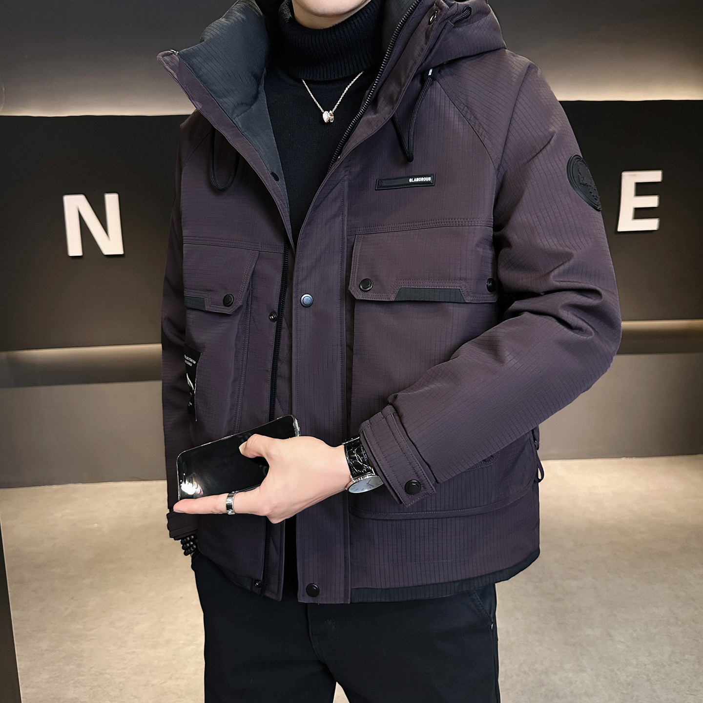 短款羽绒服男冬季加厚2025新款潮牌冬天拼色多口袋白鸭绒休闲外套,淘宝优惠券,粉丝福利购,淘宝优惠卷