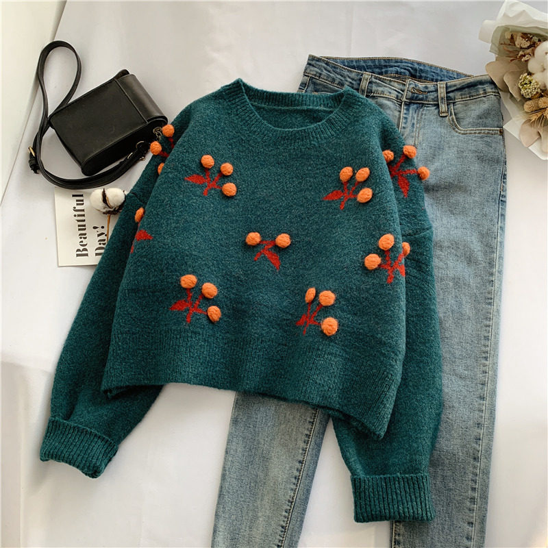 短款车厘子红色秋冬韩版宽松毛衣 柏妮恩毛衣