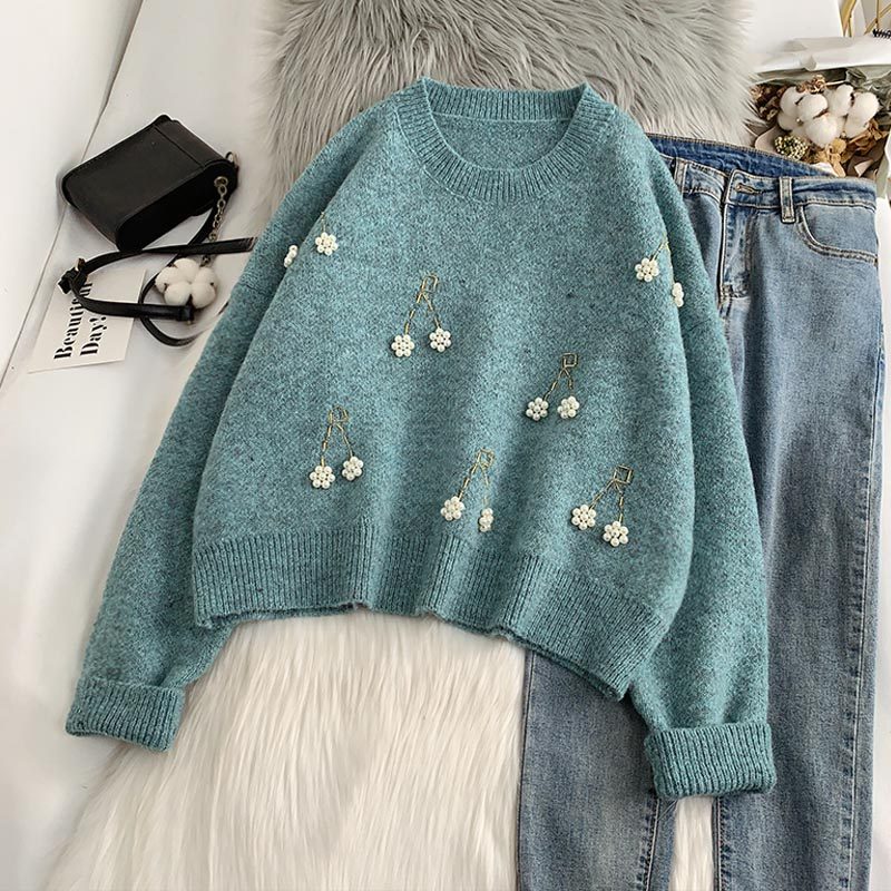 韩版樱桃钉珠套头红色秋冬2019毛衣 柏妮恩毛衣