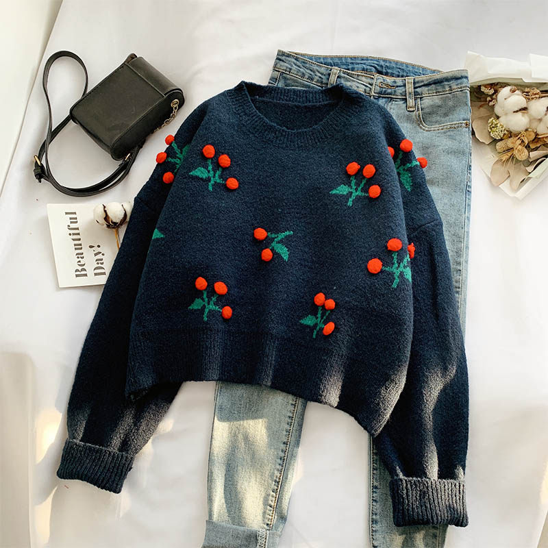 短款车厘子红色秋冬韩版宽松毛衣 柏妮恩毛衣