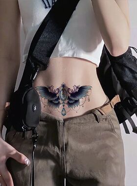 蓝色莲花纹身贴 性感羽毛遮盖肚子 防水女