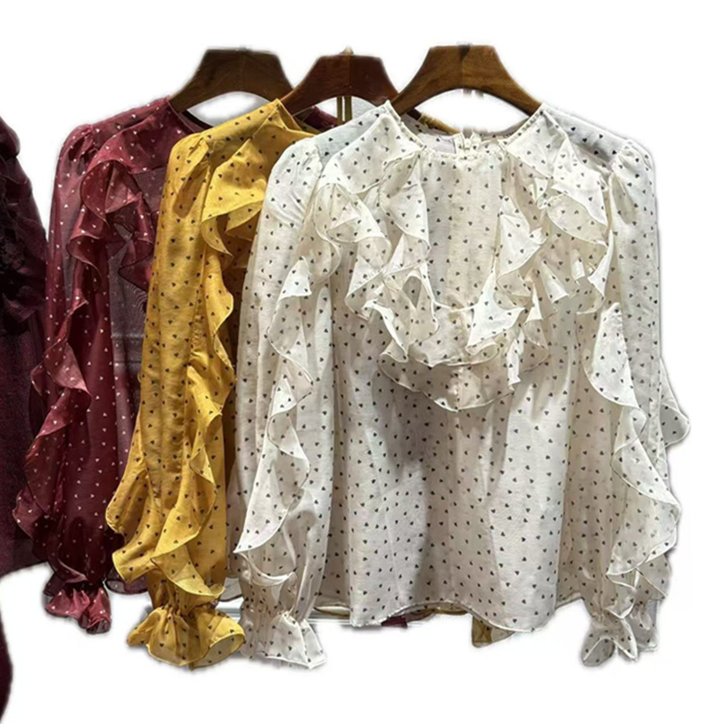 南油2026春季新品女装荷叶边圆领泡泡长袖衬衫高级法式小爱心上衣,淘宝优惠券,粉丝福利购,淘宝优惠卷