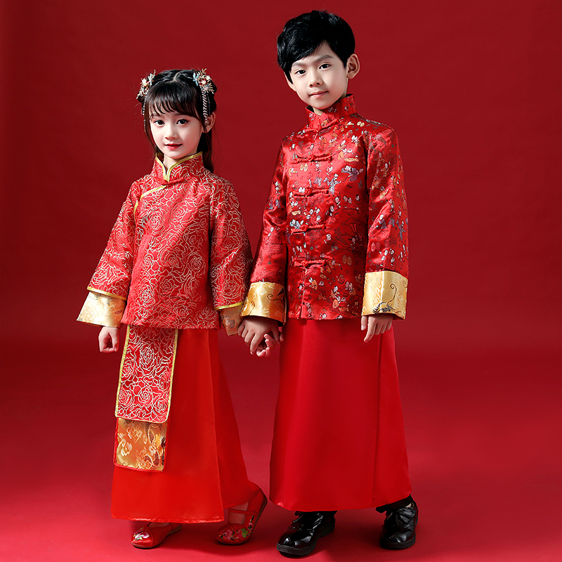 女童男童秀禾服中式花童礼服红色拜年服宝宝儿童唐装冬季中国风秋