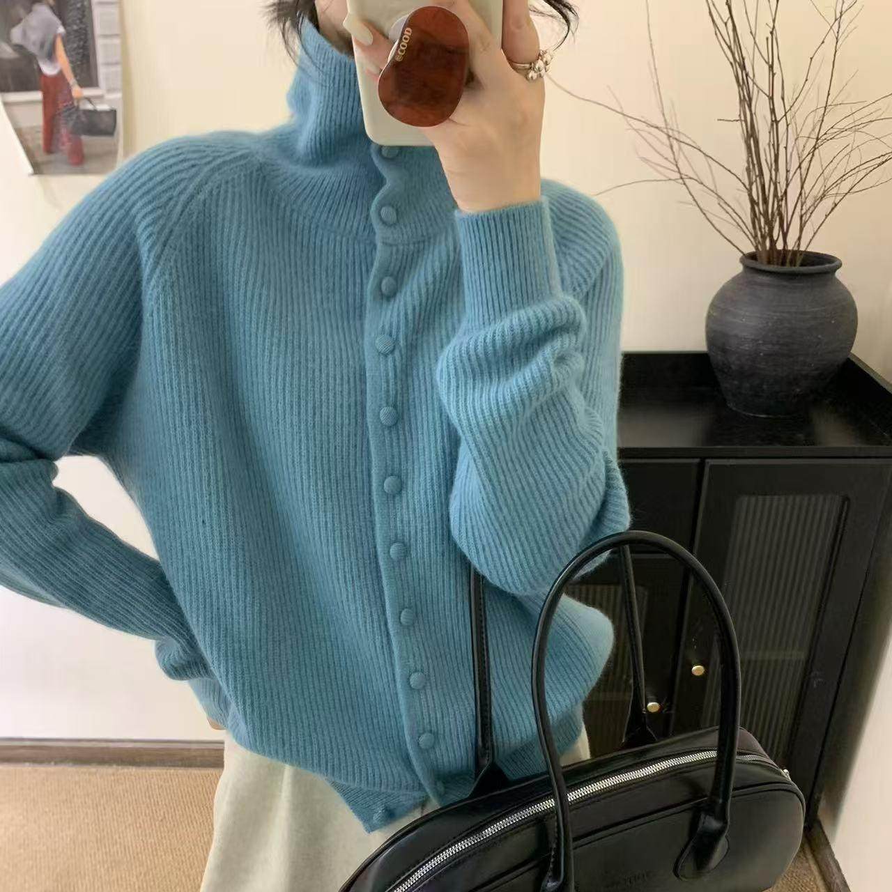 Women's blue pit striped turtleneck covered button knitted cardigan sweater