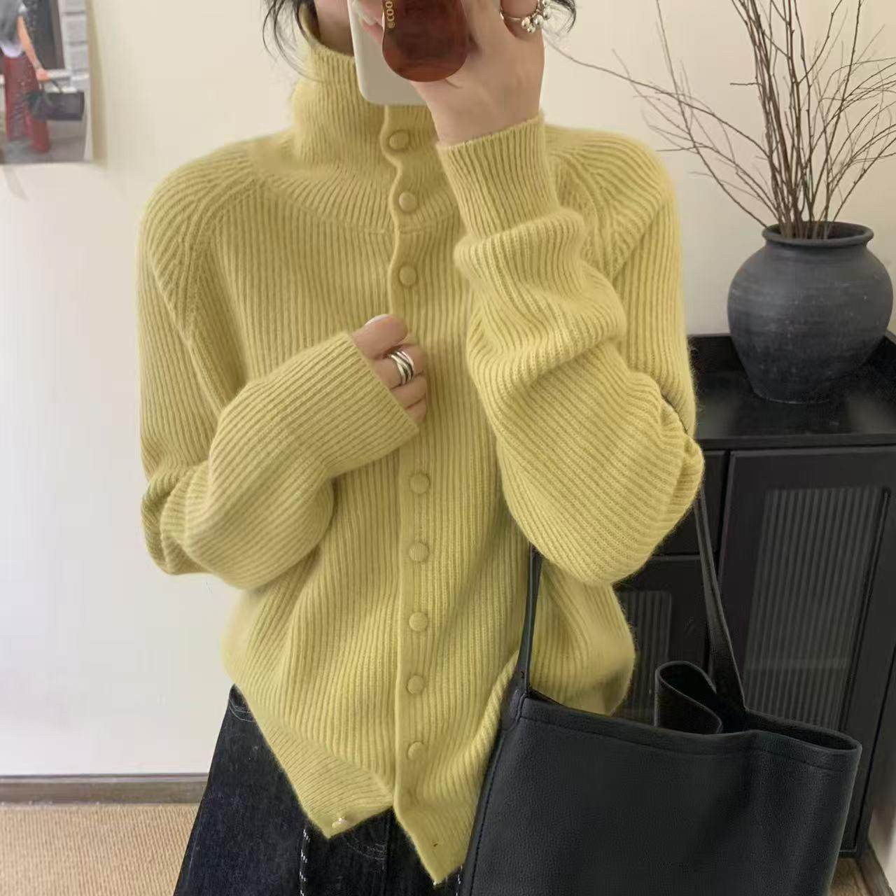 Women's blue pit striped turtleneck covered button knitted cardigan sweater