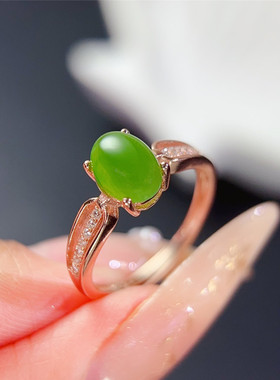 天然和田玉碧玉戒指女S925纯银镶嵌绿色宝石玉指环开口可调节礼物