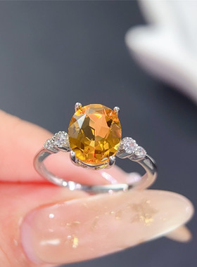 招财旺夫天然黄水晶戒指女S925纯银时尚百搭黄色宝石活口指环礼物