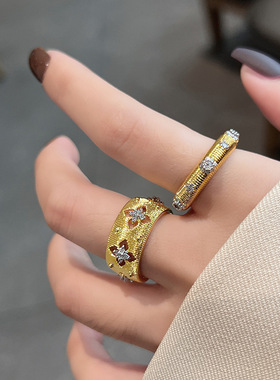 四叶草宫廷风拉丝戒指2024新款爆款小众设计高级感金属感镶钻女潮