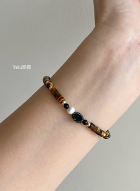Yelu原创设计天然虎眼石银珠复古美拉德高级感棕色串珠手链男女