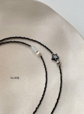Yelu原创设计黑尖晶五角星玉石珍珠黑尖晶项链女小众感串珠锁骨链