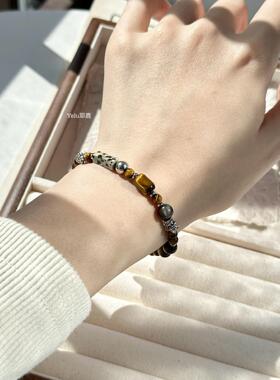 Yelu原创设计虎眼石银曜石钛钢转运珠拼接小众个性冷淡风手链男女