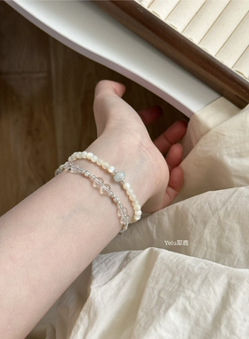 Yelu原创天然白蝶贝玉石手链s925银小众米白色串珠手串简约百搭