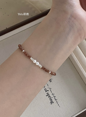 Yelu原创天然金沙石施家珍珠s925银小众设计高级感复古串珠手链女
