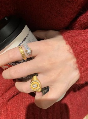 中古重工金色拉丝八芒星盾牌戒指
