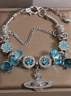 潘家风格蓝色琉璃珠手链女韩版ins小众轻奢复古星球吊坠手串手环