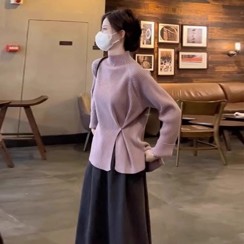 孕妇连衣裙套装秋冬2026新款紫色半高领显瘦针织毛衣半身裙两件套,淘宝优惠券,粉丝福利购,淘宝优惠卷