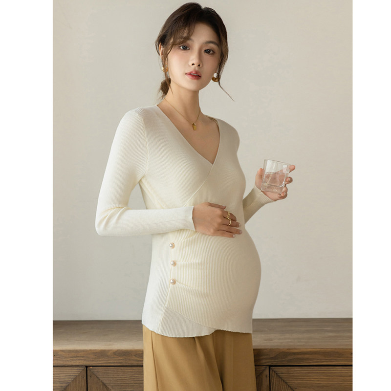 孕妇打底衫秋冬2026新款卡其色交叉领毛衣保暖针织长袖内搭上衣女,淘宝优惠券,粉丝福利购,淘宝优惠卷