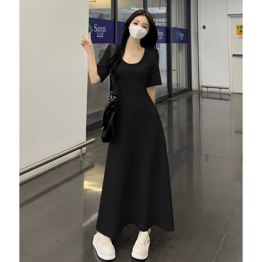 孕妇连衣裙夏2025新款黑色修身显瘦冰丝针织薄款短袖长款时尚潮妈 - 图0