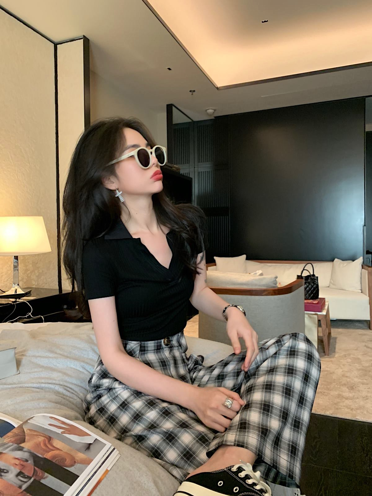 邱肉瑶SIXONE六一邱肉瑶SIXONE六一韩版高腰直筒黑白格子休闲女夏季阔腿裤薄款1