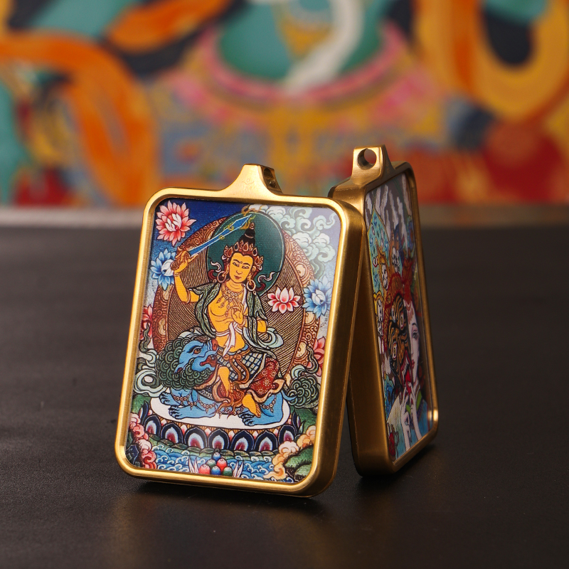 西藏藏式绿度母黄财神扎基拉姆五爷唐卡吊坠佛牌项链送挂绳编绳 - 图2