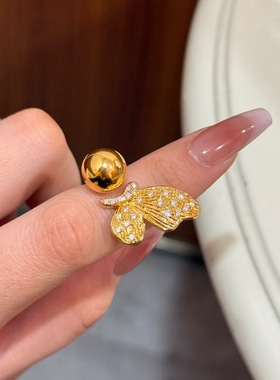 圆珠镶钻半边蝴蝶开口戒指 时尚高级感蝴蝶指环
