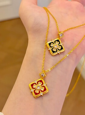 黑色 红色跑环珐琅宝相花项链轻奢简约百搭高级感女款饰品