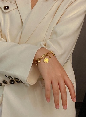 夸张嘻哈风手链爱心双层叠链网红个性手饰钛钢饰品欧美法式