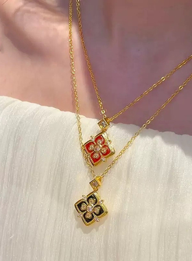 黑色 红色跑环珐琅宝相花项链轻奢简约百搭高级感女款饰品