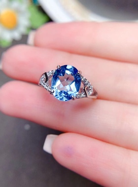 天然托帕石戒指女S925纯银个性时尚简约蓝色宝石活口指环韩版礼物