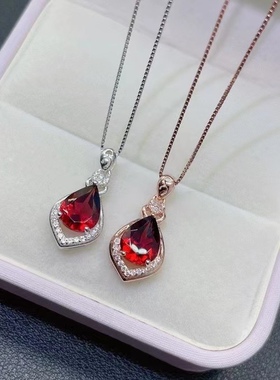 天然红色宝石石榴石水滴梨形吊坠项链锁骨链925纯银时尚百搭款