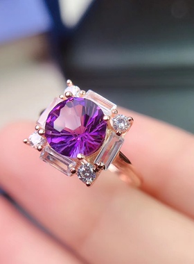 烟花紫水晶戒指纯银时尚大气圆形