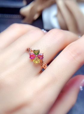 天然心形碧玺戒指女925银镶嵌四叶草心形款日韩轻奢风ins爆款自带