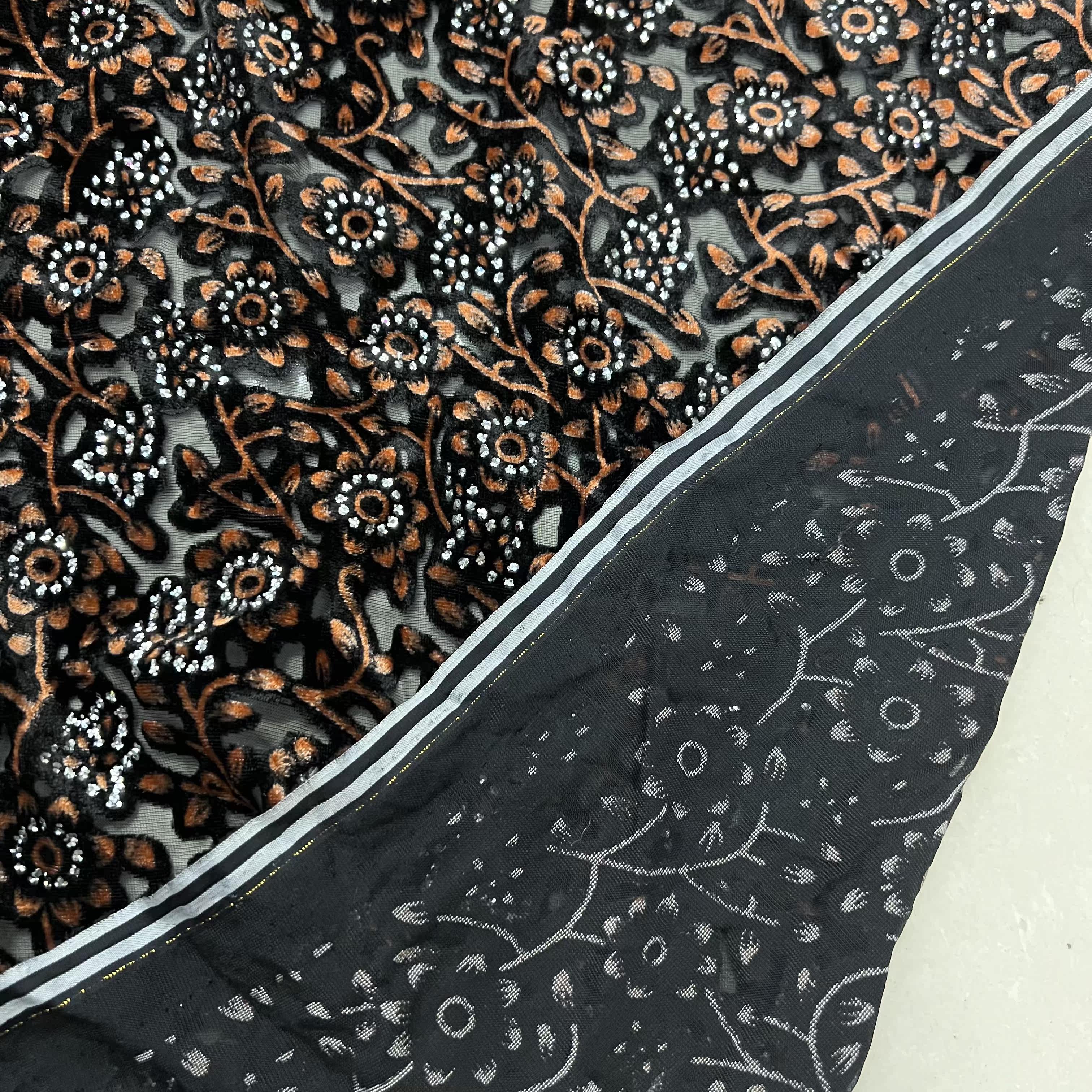 丝绒烂花布料 长1米 宽1.14 透肉烫银粉非真丝面料