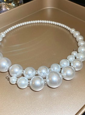 女童复古风巴洛克圆形大珍珠项链小众设计感时尚夸张锁骨链饰品潮