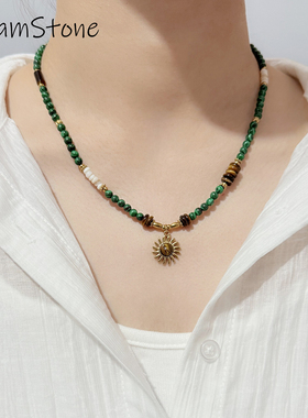 孔雀石绿色串珠虎眼石项链吊坠