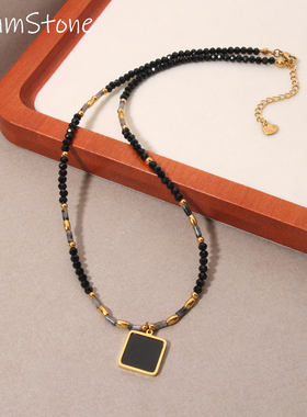 黑色串珠天然石吊坠项链