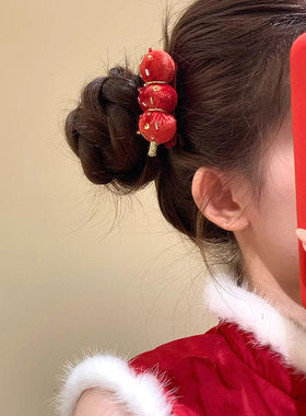 新年红色鸭嘴夹糖葫芦发夹女侧边