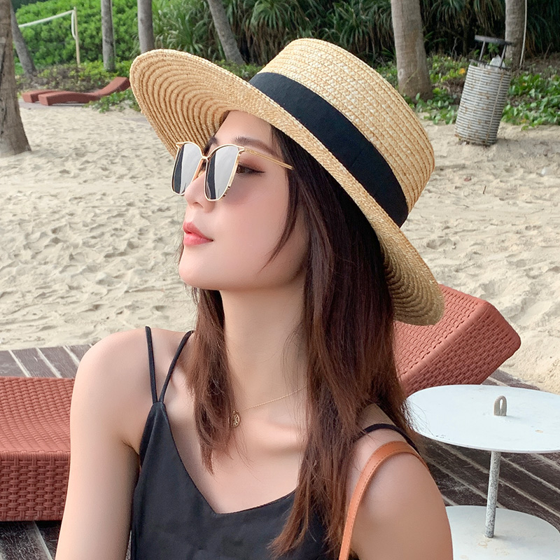 画蔻旗舰店拉菲草帽女夏防晒太阳帽装饰巴拿马礼帽简约日系沙滩平顶遮阳帽子1