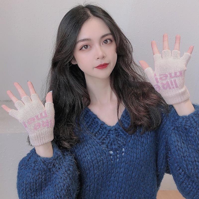 画蔻旗舰店半指针织毛线棉手套秋冬季女士学生半截漏指露指防寒写字韩版可爱2