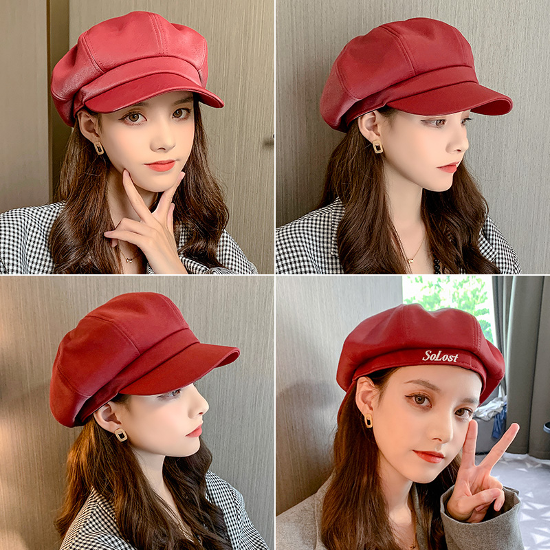 画蔻旗舰店贝雷帽女潮PU皮韩版复古英伦秋冬季多功能反戴八角帽鸭舌报童帽子0
