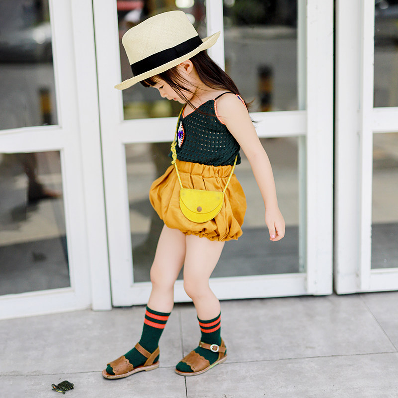 小蜜糖童装女童短裤夏季洋气时髦女宝宝黄色灯笼裤小童花苞裤夏装