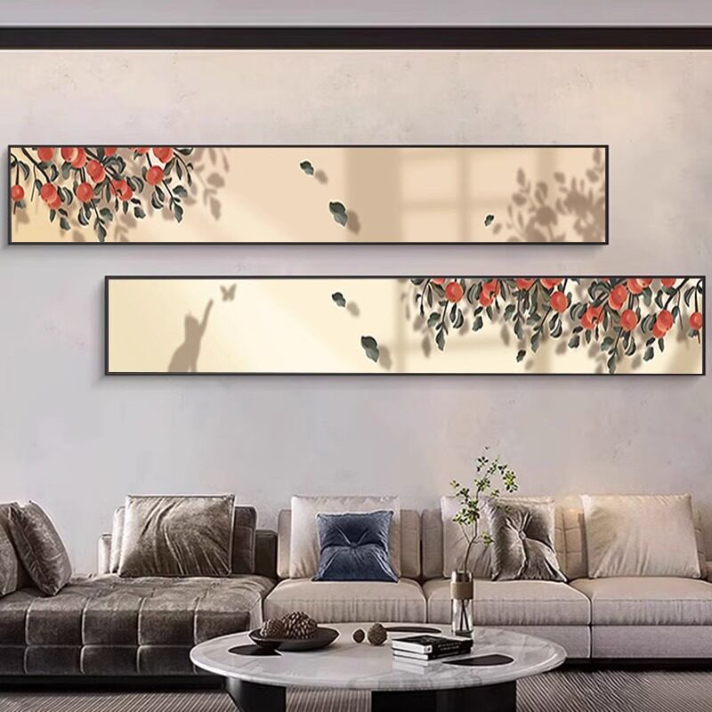 树叶小清新轻奢客厅装饰画肌理窄长条沙发背景墙挂画餐厅卧室壁画