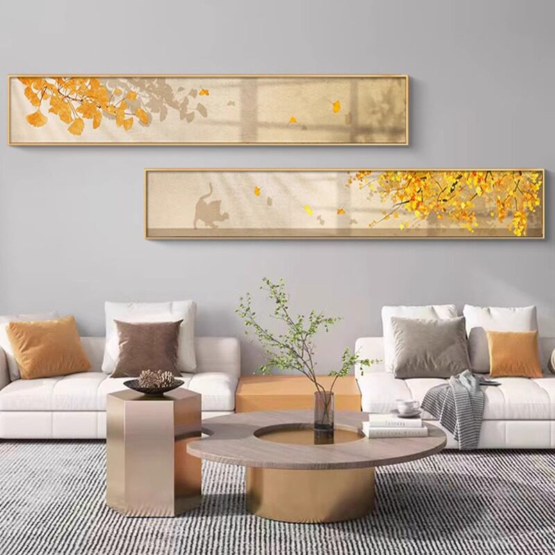 树叶小清新轻奢客厅装饰画肌理窄长条沙发背景墙挂画餐厅卧室壁画