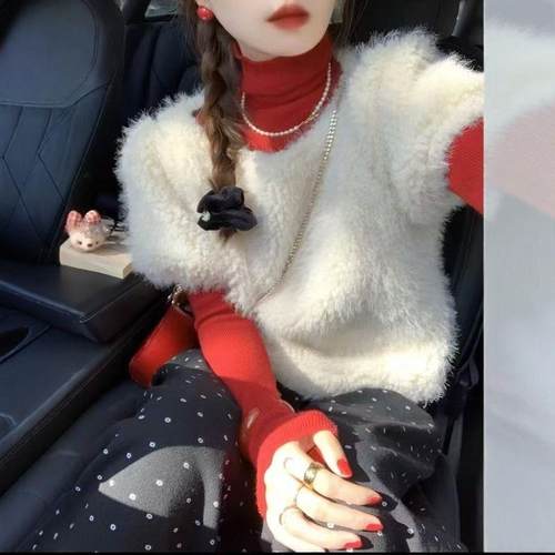 冬季新款韩版洋气羊羔毛绒套头马甲修身高领针织打底衫两件套装女 - 图1