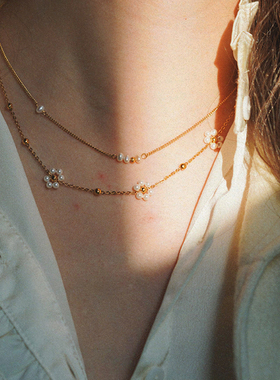 钛钢小香风花朵珍珠项链