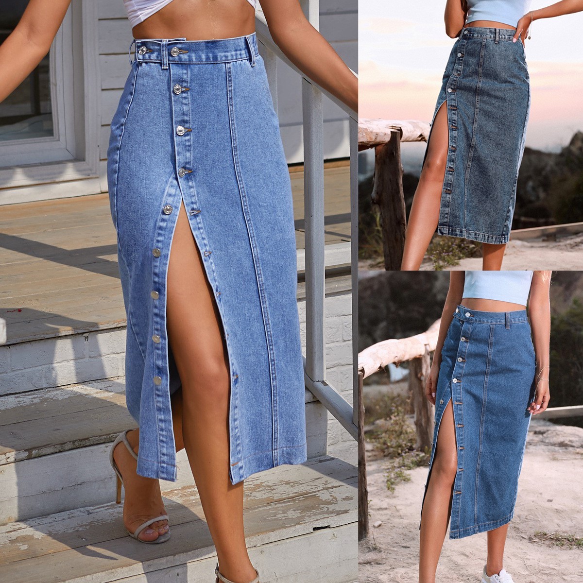 Denim Skirt Retro Long Summer Denim Skirts Girls High Waist - 图0