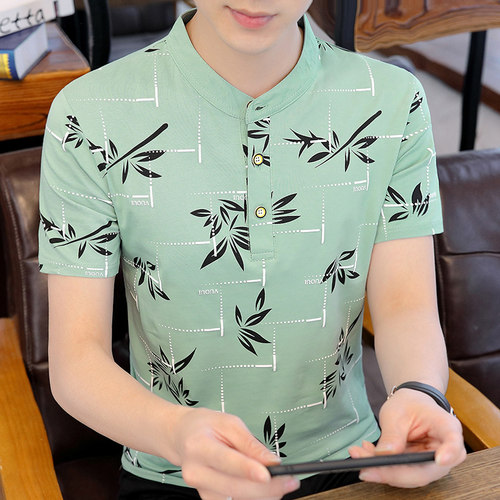 纯棉男士短袖t恤夏季新款韩版立领polo衫潮流休闲青年印花上衣ins - 图2
